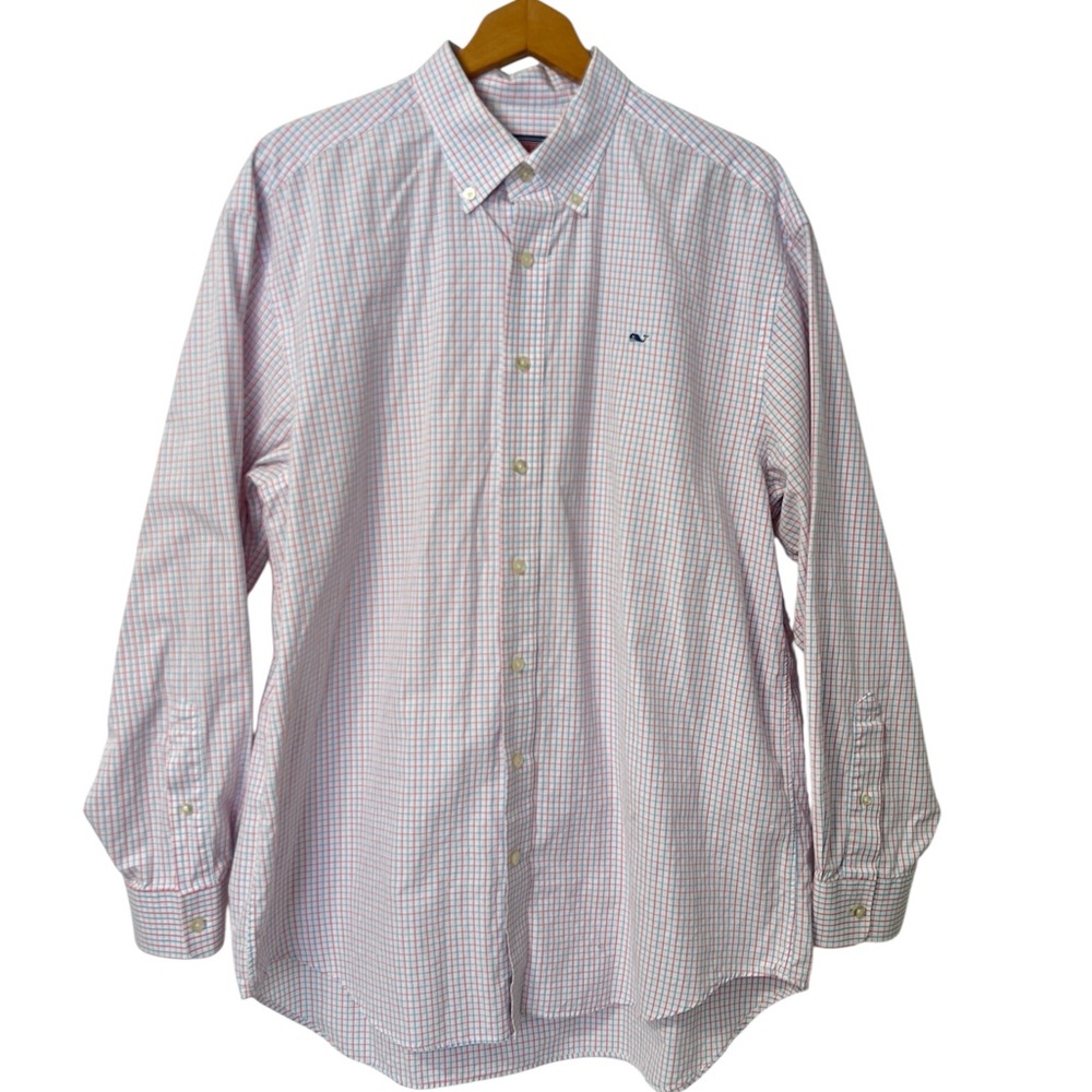 Vineyard Vines White Pink Blue Checkered Button Down Preppy Cotton Whale Shirt L